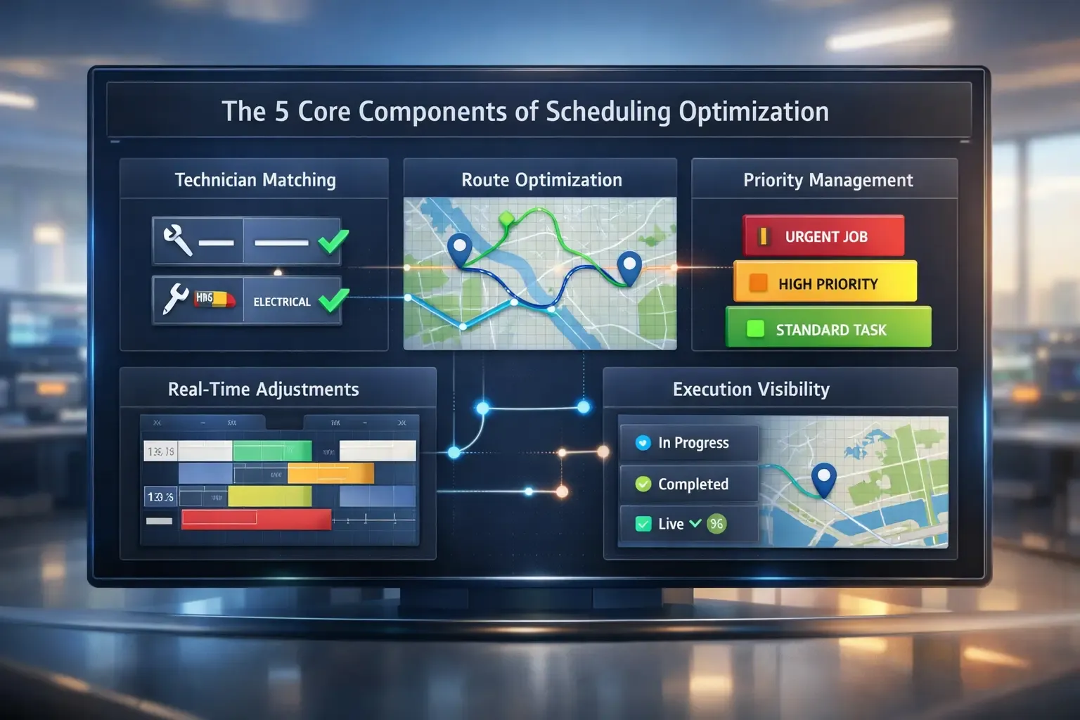 Dashboard showing 5 scheduling optimization components in field service